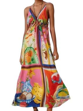 Farm Rio Summer Picnic Multicolor Macramé Yoke Maxi Dress NWT Size M $280